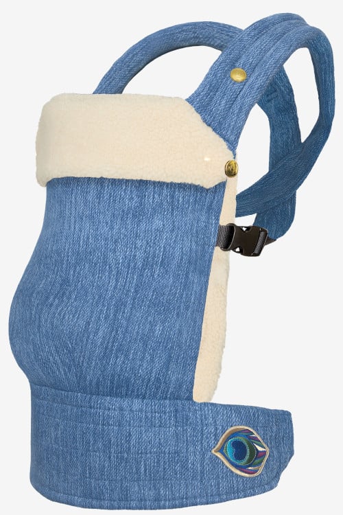 Denim baby carrier with a light beige attachable insert in 100% lambskin