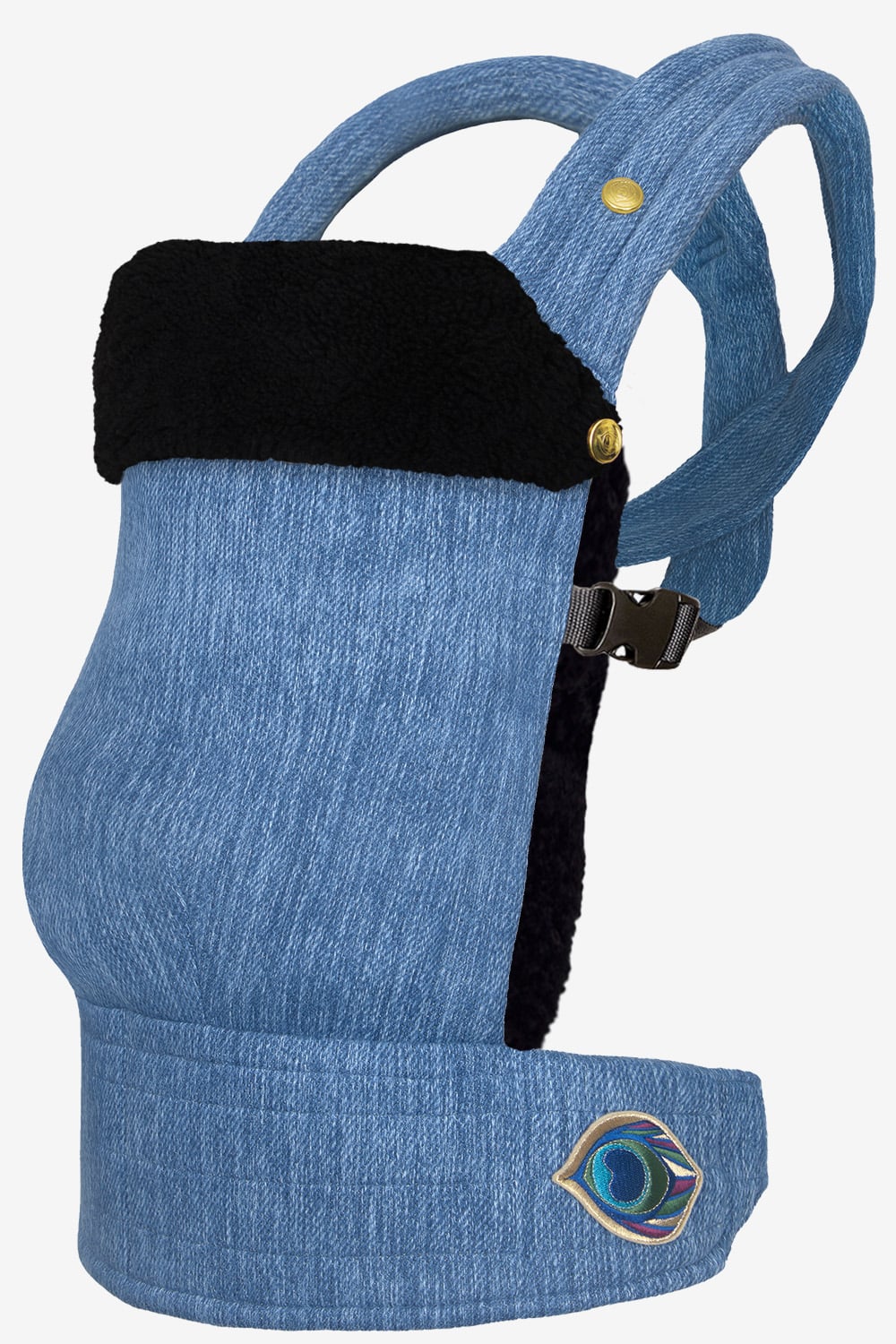 Denim baby carrier with a black attachable insert in 100% lambskin