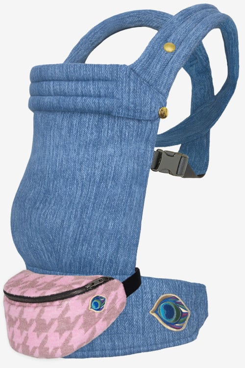 Denim baby carrier and pink tweed belt bag in a cashmere and silk blend