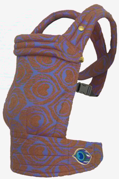 Brown with an iridescent violet-blue hue baby carrier with peacock feather print in vicuña and silk blend