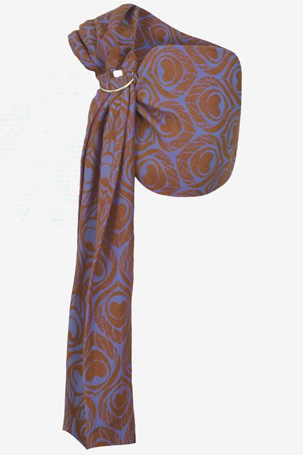 Brown with an iridescent violet-blue hue ring sling with peacock feather print in a vicuña and silk blend