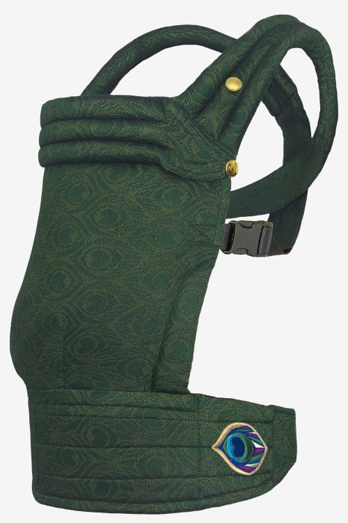Deep green baby carrier with peacock feather print in a silk blend