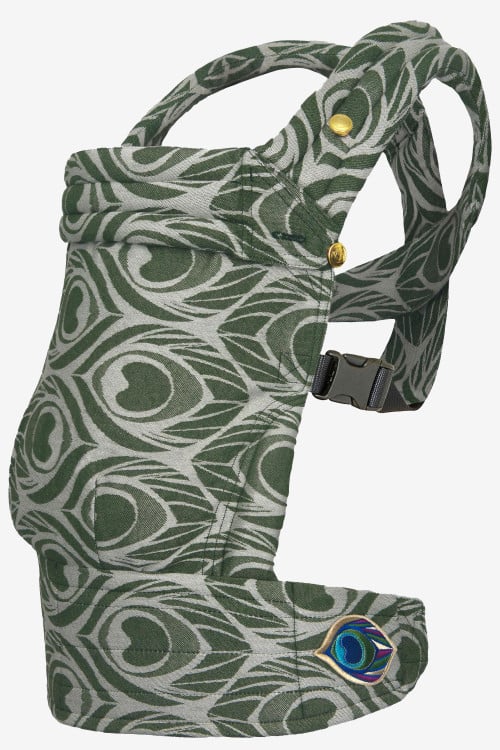 Sandy beige baby carrier with forest green peacock feather print in a cashmere blend