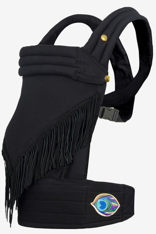 Black baby carrier in organic cotton with leather fringes