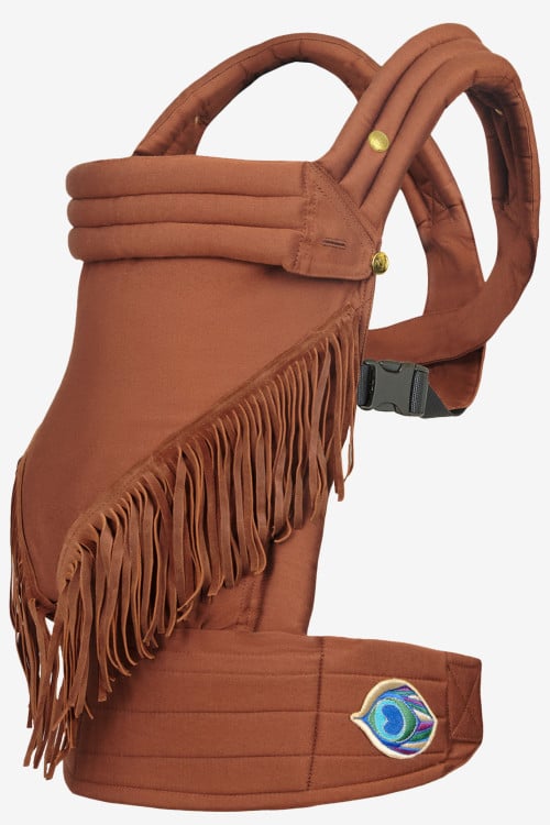 Tan baby carrier in organic cotton with leather fringes