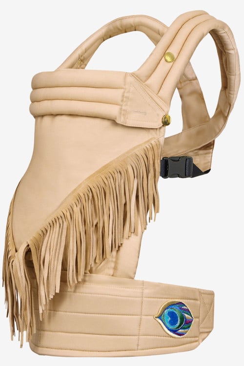 Beige baby carrier in organic cotton with leather fringes