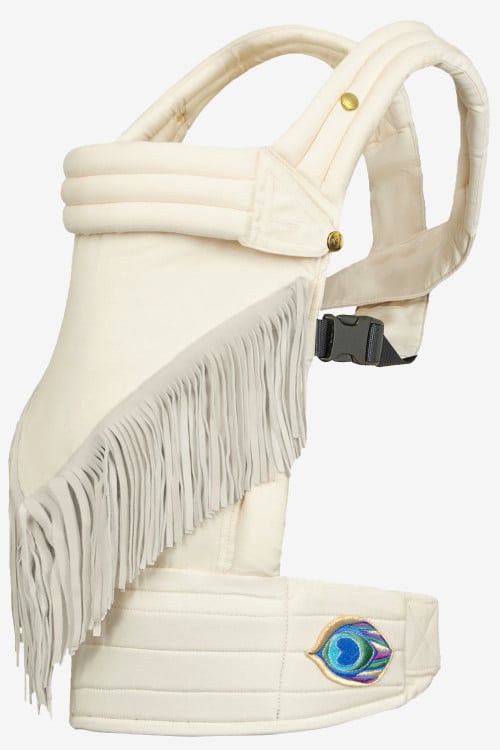 Ecru baby carrier in organic cotton with leather fringes