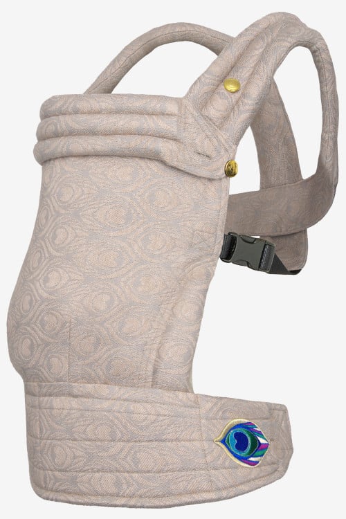 Lunar silver baby carrier with peacock feather print in a silk blend