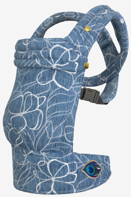 Denim baby carrier with off-white embroidery