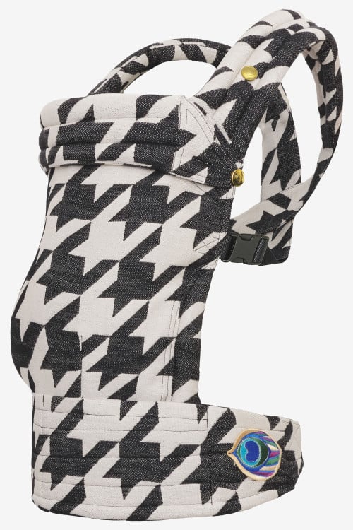 Black and white tweed baby carrier in a cotton blend