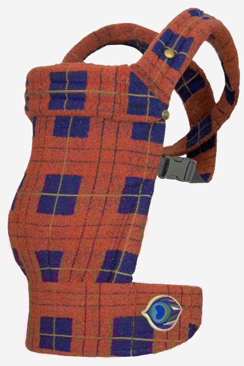 Red orange and blue baby carrier with lines in yellow