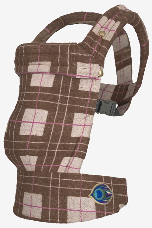 Brown and sand baby carrier with lines in pink
