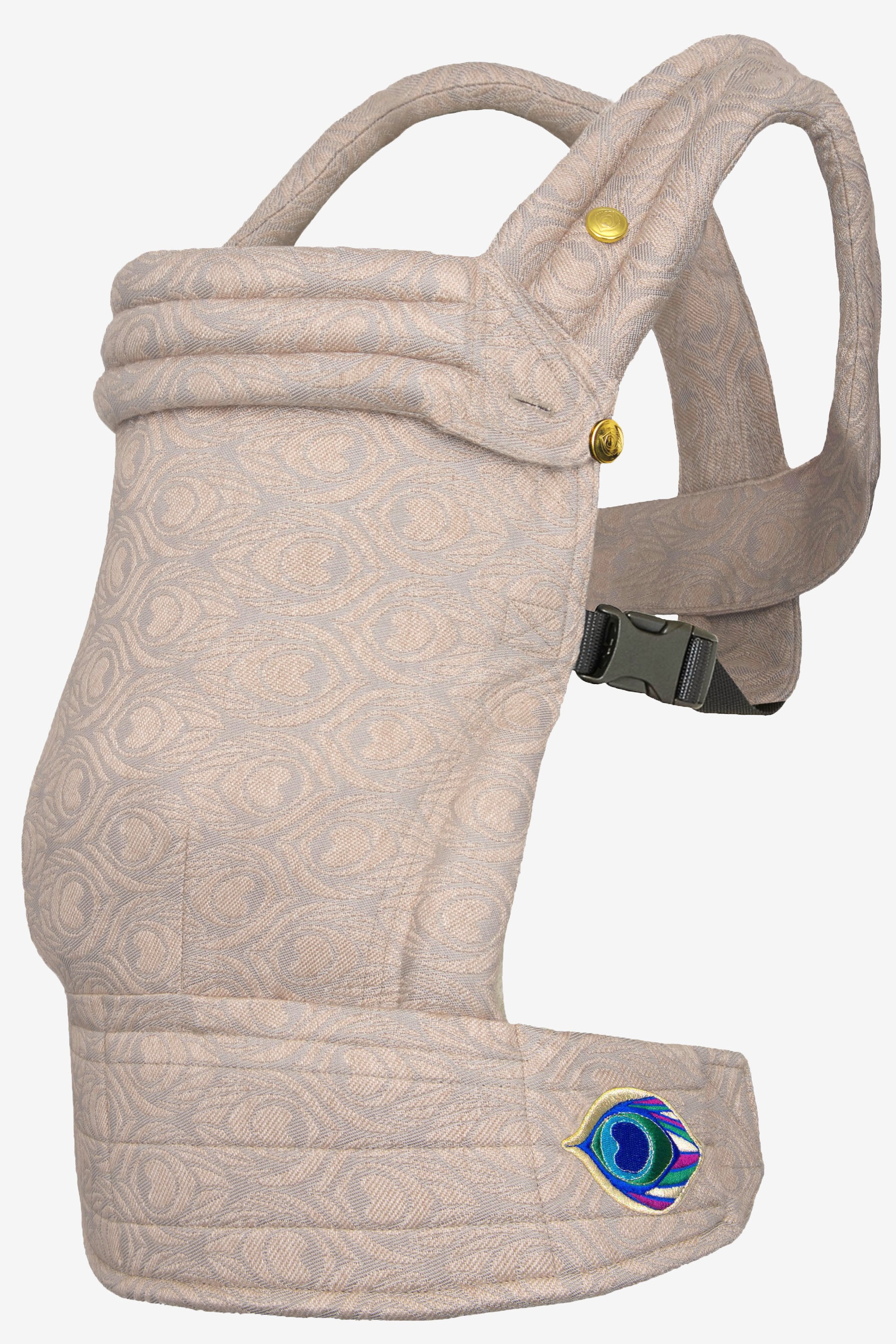 Lunar silver baby carrier with peacock feather print in a silk blend